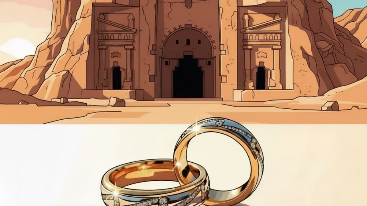 تصویرسازی از طاق بستان کرمانشاه به همراه دو حلقه ازدواج در پیش‌زمینه، نمادی از خدمات همسریابی و ازدواج قانونی مرکز پیوند دل‌ها.