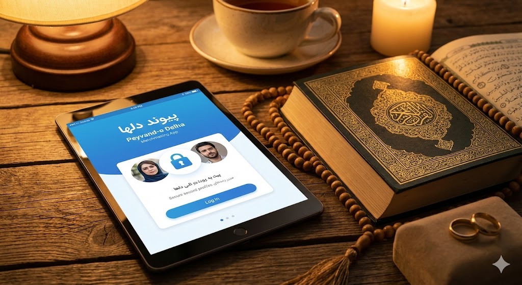 «نمایی مفهومی از زوج جوان در سامانه همسریابی پیوند دلها به‌عنوان یک آغاز نو امن و شرعی»