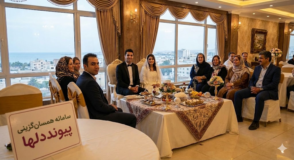 سالن عقد شیک و روشن در یکی از محضرهای بندرعباس با حضور یک زوج جوان و خانواده‌ها، به‌عنوان نمادی از شروع ازدواج شرعی و آبرومند با همراهی سامانه همسان‌گزینی پیوند دلها