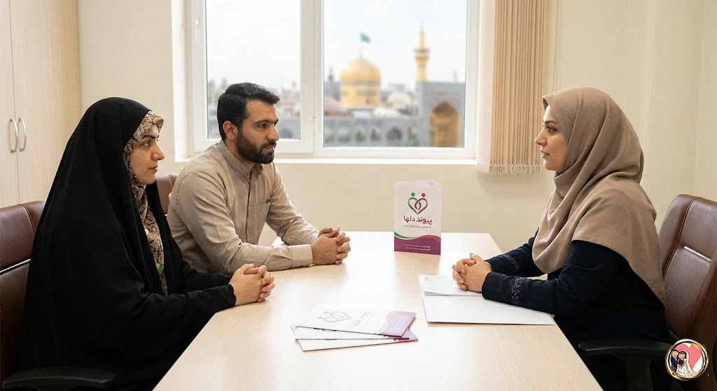 زوج‌هایی در حال گفت‌وگوی محترمانه با مشاور ازدواج در فضایی آرام و خانوادگی، نماد مسیر امن و شرعی ازدواج موقت و دائم با سامانه پیوند دلها