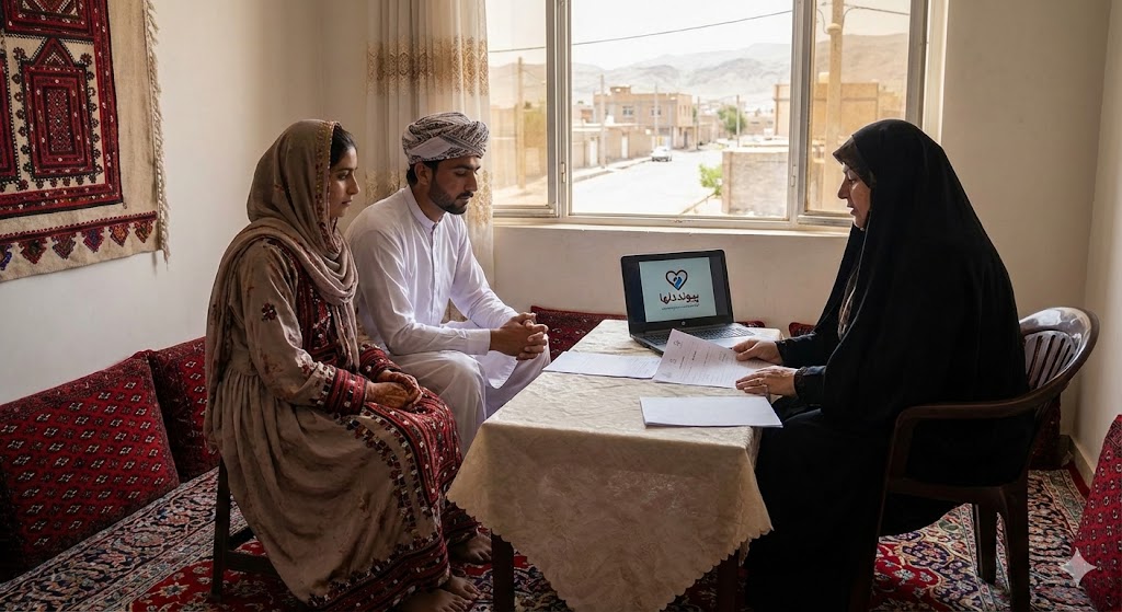 زوج جوان بلوچ با پوشش محلی و اسلامی در فضایی خانوادگی و آرام در زاهدان، در حال دریافت مشاوره ازدواج شرعی، به‌عنوان نمادی از همسریابی امن و محترمانه در سامانه پیوند دلها
