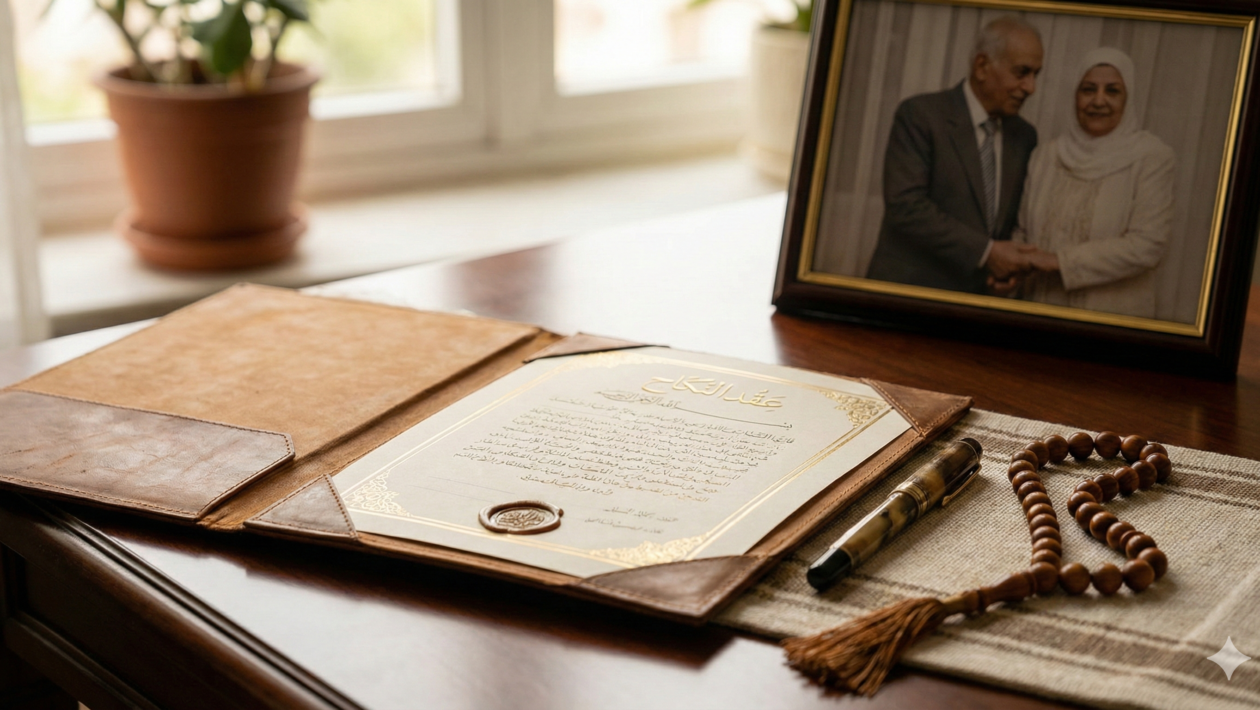 تصویر یک زوج جوان با پوشش اسلامی در فضایی آرام و خانوادگی در کنار نماد حرم امام رضا (ع)، در حال مشاوره ازدواج با کارشناس، به‌عنوان نماد ازدواج موقت و دائم شرعی و امن در سامانه پیوند دلها