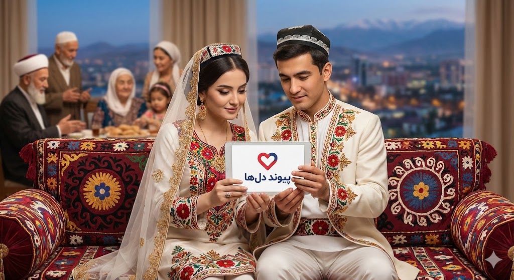 زوج جوان تاجیک با لباس عروسی سنتی در کنار خانواده، در حال برگزاری مراسم نیکاح اسلامی، به‌عنوان نمادی از ازدواج شرعی و خانوادگی در تاجیکستان و معرفی سامانه همسریابی امن پیوند دلها