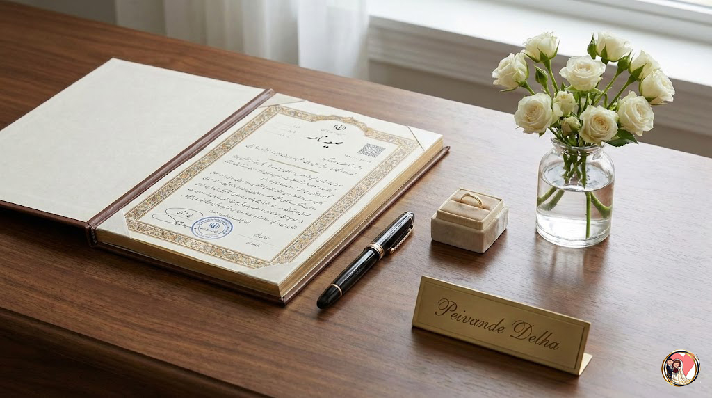 "آموزش گام به گام نوشتن صیغه نامه موقت دستی به همراه نمونه متن آماده و دانلود فرم خام برای وب‌سایت پیوند دلها. کاملاً مطابق با قوانین حقوقی ۱۴۰۴."